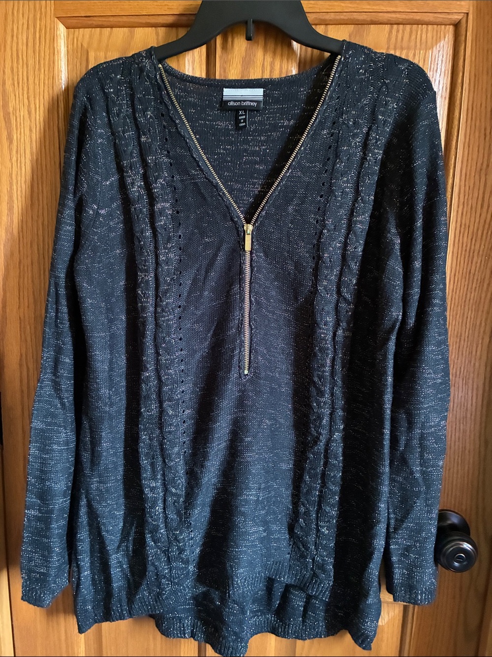 Allison Brittney Black Heather V-Neck Zip Sweater